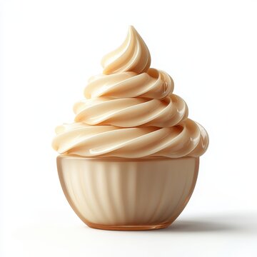 Swirled vanilla soft serve in a creamy beige cup on a minimalist white background