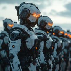 Fototapeta premium A line of advanced humanoid robots, emphasizing the future of AI, automation, and industrial innovation.