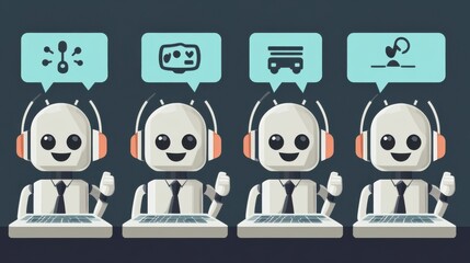 Four cheerful robots communicating with speech bubbles, depicting various technology themes