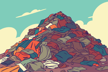16 Massive pile of discarded clothing, textile waste mountain, environmental pollution, vibrant colors, blue sky background, landfill crisis, fast fashion impact, oversaturation of garments, environme