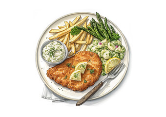 Schnitzel. Round plate. Large, golden brown fried schnitzel.  Lemon and parsley sprigs. golden yellow fries. Potato salad. Asparagus garnish. A bowl of creamy white sauce. 