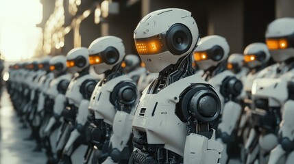 Fototapeta premium A line of advanced humanoid robots, emphasizing the future of AI, automation, and industrial innovation.