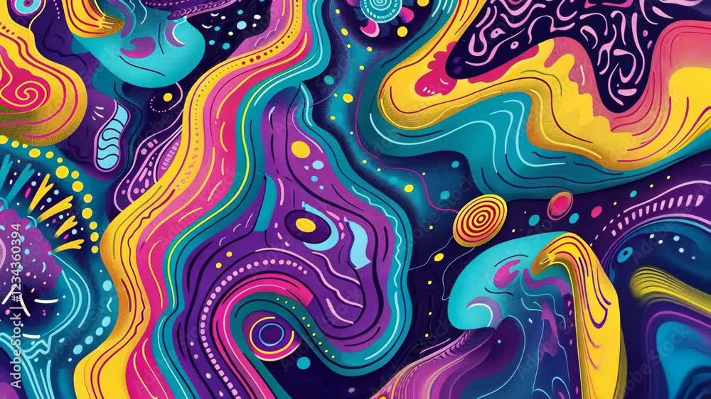 Poster the animation showcases a captivating display of colorful patterns and fluid shapes moving harmoniou