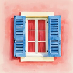 Mediterranean Style Blue Shutters and Red Draped Window on Coral Wall
