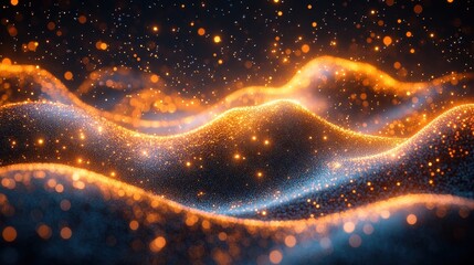 Abstract waves illuminated by glowing particles in a dark setting.