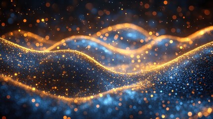 Abstract waves of glowing particles in blue and orange hues.