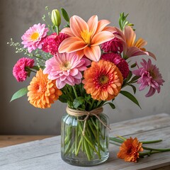 A vibrant bouquet of fresh orange and pink flowers elegantly arranged in a rustic glass jar on a wooden table