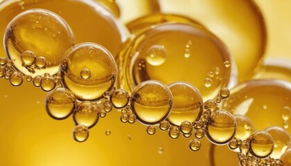gold oil bubbles, cosmetic, serum, moisture, close up of a gold oil drops
