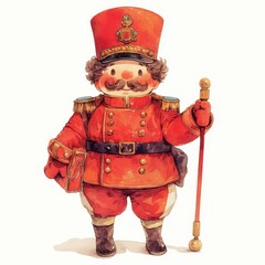 Festive Red Toy Soldier Illustration Charming Cartoon Character in Uniform with Staff