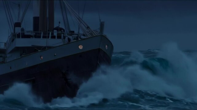 Cargo ship breaking waves in a stormy ocean at night