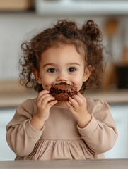 Young child enjoys chocolate muffin in cozy kitchen