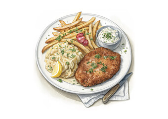 Schnitzel. Round plate. Large, golden brown fried schnitzel.  Lemon and parsley sprigs. golden yellow fries. Potato salad. Asparagus garnish. A bowl of creamy white sauce. 