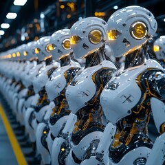 Fototapeta premium A line of advanced humanoid robots, emphasizing the future of AI, automation, and industrial innovation.