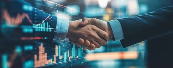 Business handshake with financial risk assessment graphs overlay, risk partnership, trust and risk evaluation in business deals