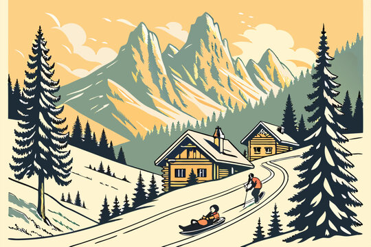 Winter wonderland, snowy alpine village, majestic mountain peaks, golden sunlight, vintage ski poster style, children sledding, pine trees, wooden chalets, picturesque landscape, nostalgic atmosphe