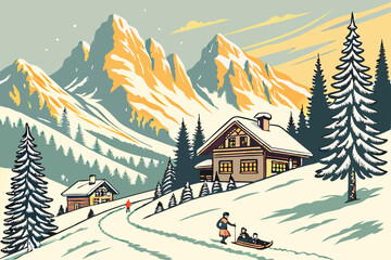 Winter wonderland, snowy alpine village, majestic mountain peaks, golden sunlight, vintage ski poster style, children sledding, pine trees, wooden chalets, picturesque landscape, nostalgic atmosphe