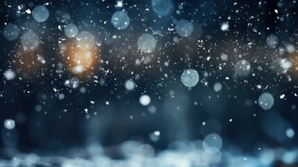 Obraz premium Captivating Bokeh Effect of White Snowflakes Gently Falling on a Dark Background with Soft Glows and a Dreamy Atmosphere