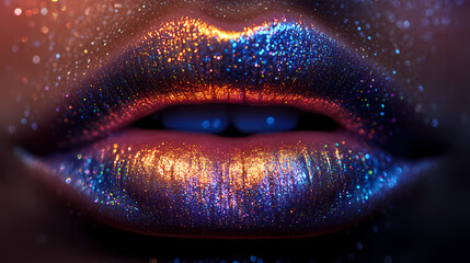 Glistening lips adorned with vibrant glitter dazzles under soft light at a nighttime celebration