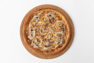 Pizza with cheese and fish on a white background