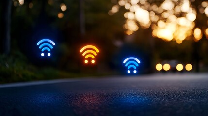 Fototapeta premium Glowing Wifi Icons on Night Road