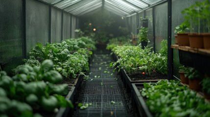A greenhouse filled with rows of thriving vegetable plants.