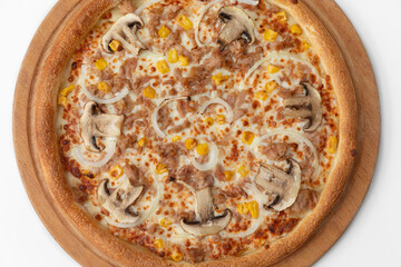 Pizza with cheese and fish on a white background