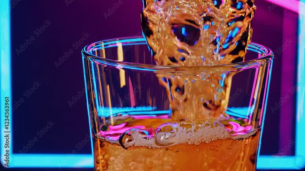 Poster a close-up shot of bubbles rising in a neon-colored backdrop while the orange soda pours, creating a