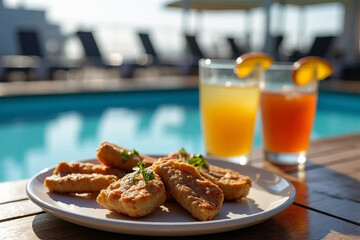 Delicious fried snacks served by poolside with refreshing drinks
