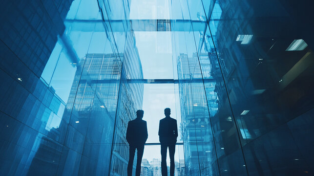 Two businessmen standing by a glass wall, overlooking the city skyline. The image showcases professionalism, business strategy, and a modern corporate atmosphere.