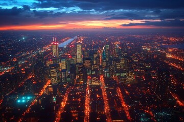 Fototapeta premium Vibrant city skyline at dusk showcasing bright lights and city life in Toronto during twilight hours