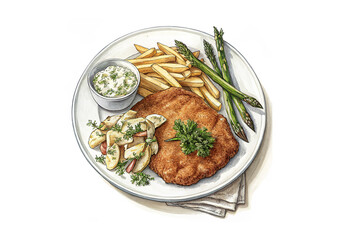 Schnitzel. Round plate. Large, golden brown fried schnitzel.  Lemon and parsley sprigs. golden yellow fries. Potato salad. Asparagus garnish. A bowl of creamy white sauce. 