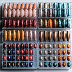 Colorful variety of false nails displayed in organized plastic trays