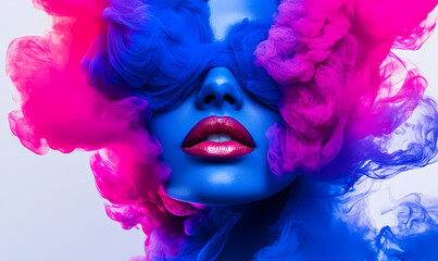 Vibrant fusion of colors enveloping a surreal face in a dreamlike atmosphere