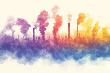 Obraz premium Urban skyline with factories emitting colorful smoke at sunset showcasing industrial pollution and environmental impact