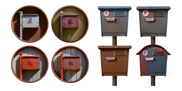 Vintage Mailboxes with Unique Designs, PNG collection, set bundle, isolate on transparent or white background