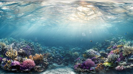 Naklejka premium Vibrant Coral Reef Underwater Scene With Sunlight Rays