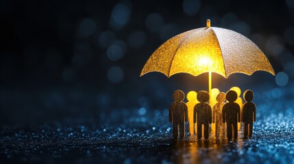 Corporate executive shielding employees under a risk protection umbrella, enterprise risk management, business leadership in crisis