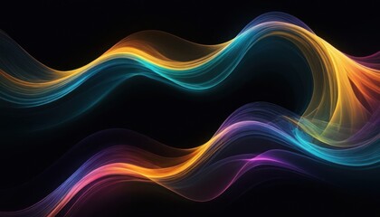 Abstract image of vibrant, flowing, iridescent waves against a dark background. The dynamic curves and luminous colors create a sense of movement and energy.