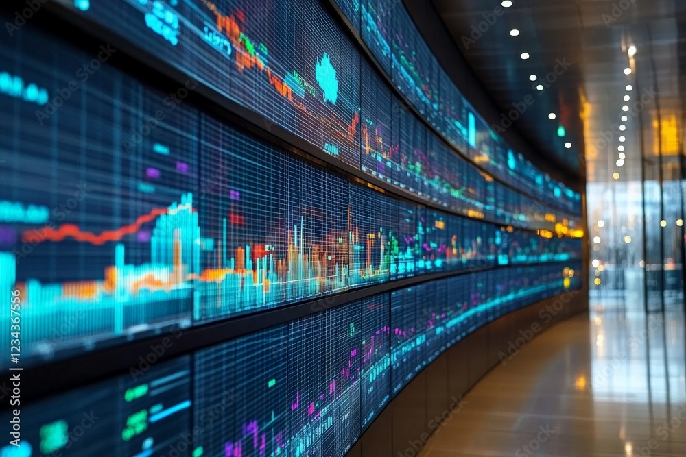 Aufkleber Dynamic stock market data displayed on multiple screens in a modern financial district office space during the daytime