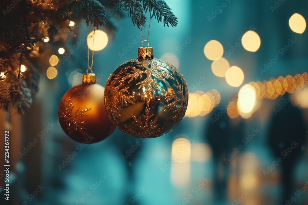 Poster beautiful christmas ornaments hanging on a tree with blurred lights in the background creating a fes
