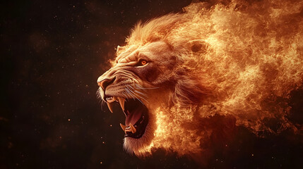 Naklejka premium A visually captivating lion's head engulfed in fierce flames symbolizes raw natural power and intense emotion, evoking feelings of awe and primal energy.