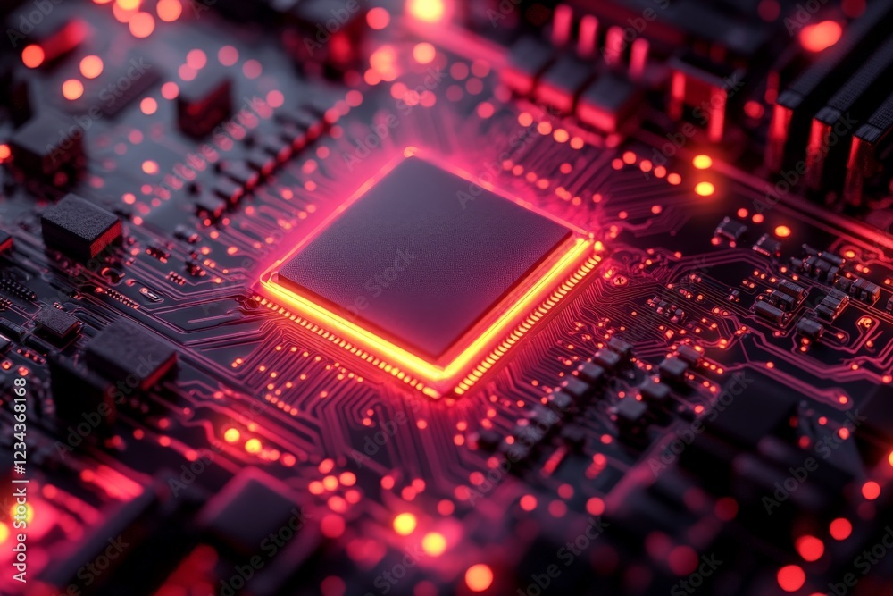 Leinwandbilder circuit board with glowing red processor in a darkened environment showcasing advanced technology an
