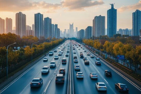 Traffic flows along a busy highway with towering skyscrapers at sunset in an urban landscape