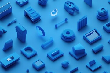 Blue isometric 3D objects background.