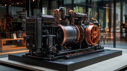 Fototapeta premium A steam-powered machine from the industrial revolution era in a museum.