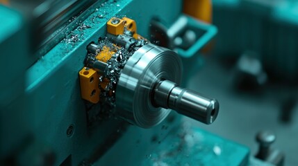 A close-up of a lathe machine cutting a metal piece with precision.