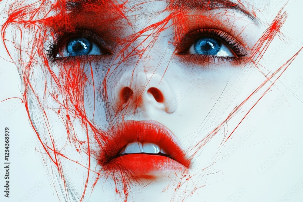 Poster artistic representation of a face with striking blue eyes surrounded by vibrant red strokes on a whi