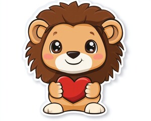 Fototapeta premium Cute lion cub holding heart; white background; children's illustration