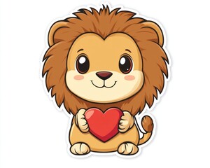 Fototapeta premium Cute lion cub holding heart, white background, children's book illustration