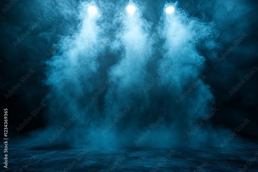 Poster Mysterious blue smoke illuminated by spotlights in a dark environment creating an atmospheric effect